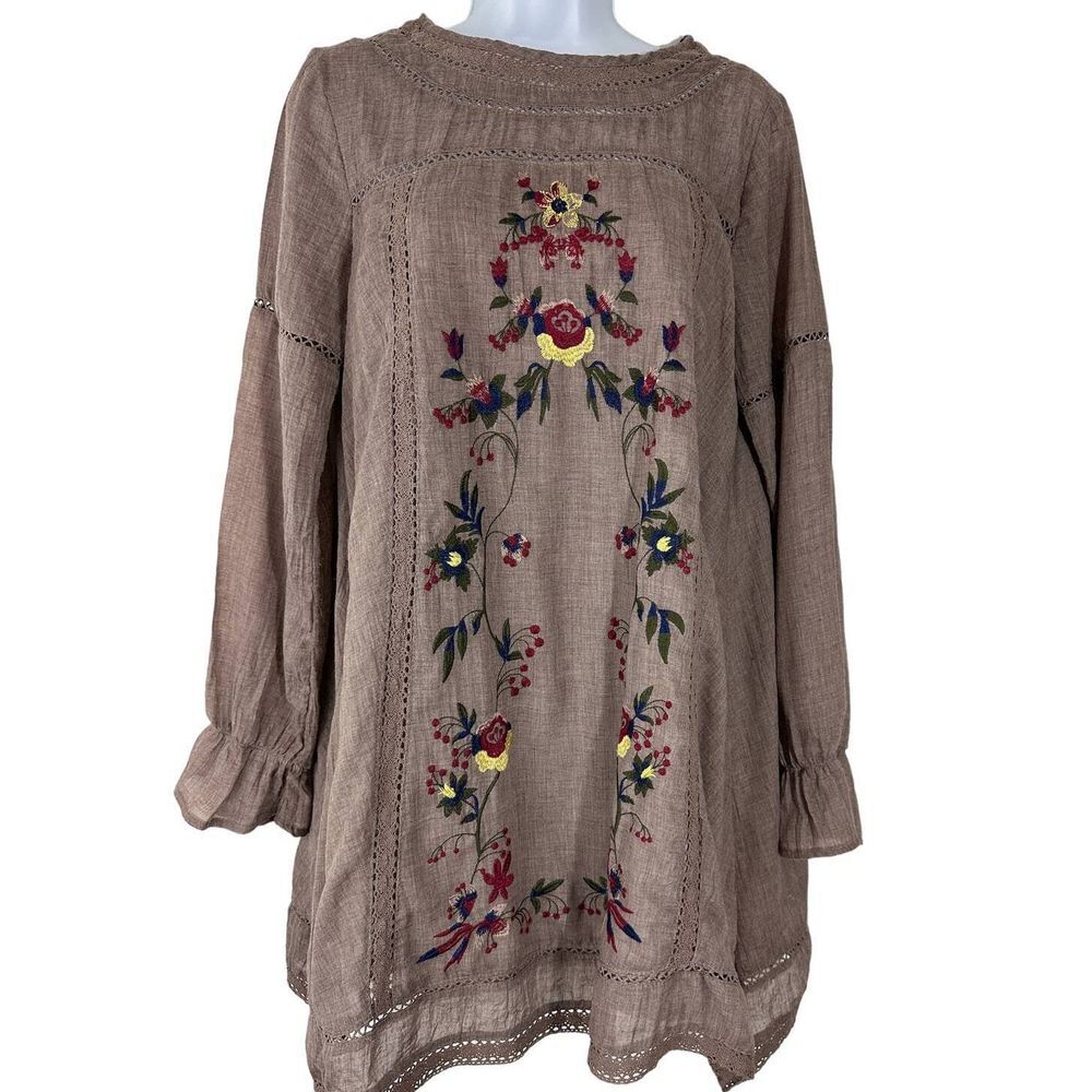 Umgee Women's SZ S Floral‎ Embroidered Dress Brown, Multicolor Ruffle detailing